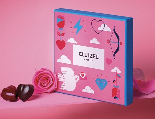 Illustration du coffret Love Sign Cluizel Coffret Love Signs Michel Cluizel. Chocolats pour la St-Valentin 2023.